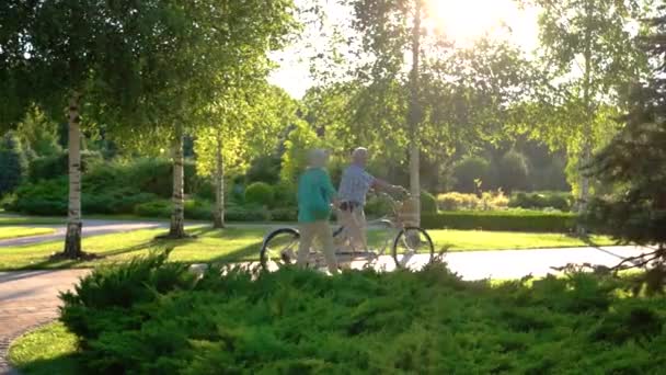 Paar mit Fahrrad ist zu Fuß unterwegs. — Stockvideo