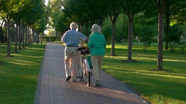 Старшая пара, гуляющая на велосипеде . — стоковое видео