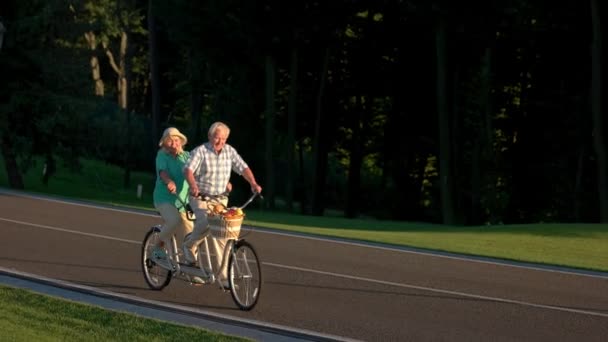 Couple aîné en balade à vélo de campagne — Video