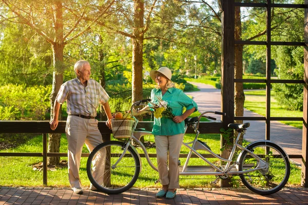 Senior couple and tandem bike.