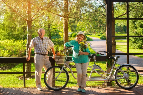Старша пара поблизу тандемного велосипеда . — стокове фото