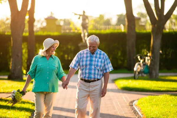 Senior couple holding hands.