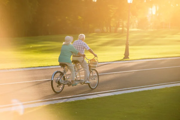 Pareja mayor montando bicicleta en tándem . — Foto de Stock