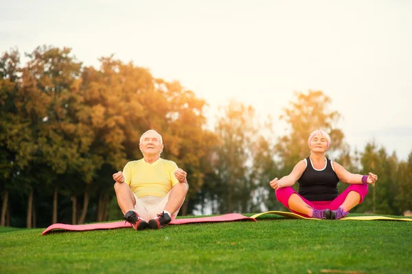 Senioren-Paar macht Yoga. — Stockfoto