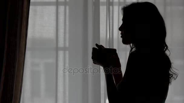 Silhouette de fille avec tasse . — Video