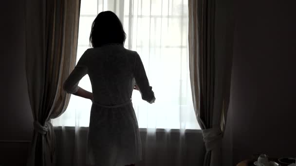 Lady standing near window. — Stock Video