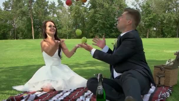 Picknick eines Hochzeitspaares. — Stockvideo