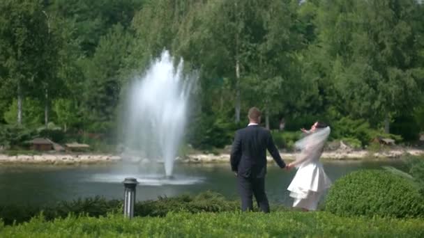 Hochzeitspaar in der Nähe des Brunnens. — Stockvideo