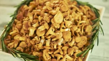 Plaka üzerinde chanterelles yığını.