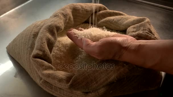 Hands and sack of rice. — Stock Video