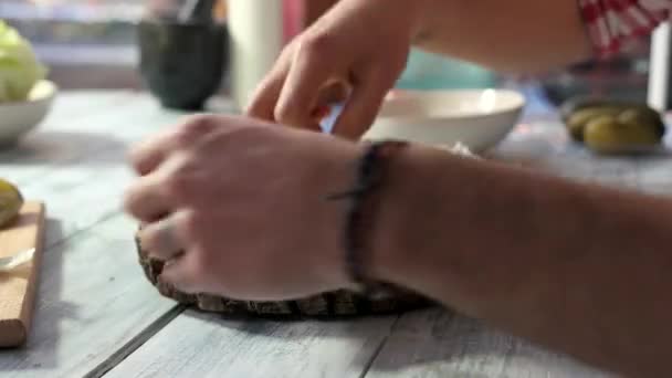 Detailní záběr na ruce cheeseburger. — Stock video