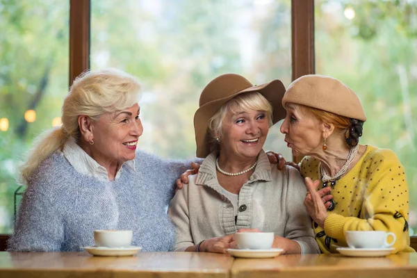 Smiling elderly ladies in cafe. — Stock Photo, Image