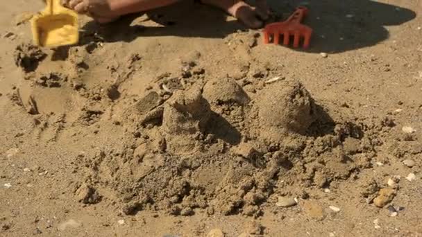 小さな子供は海で砂の再生します。. — ストック動画