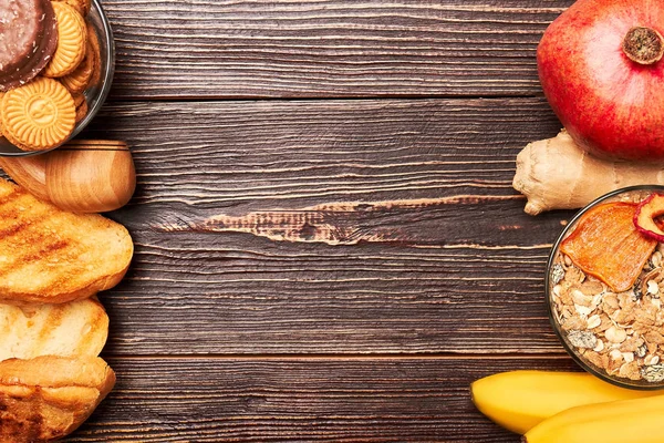 Bread, cookies, fruits and muesli.