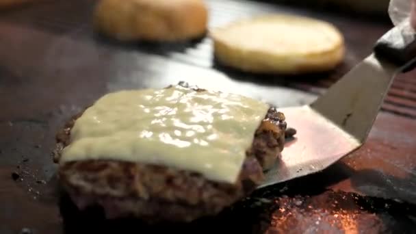 Patty con primo piano formaggio . — Video Stock