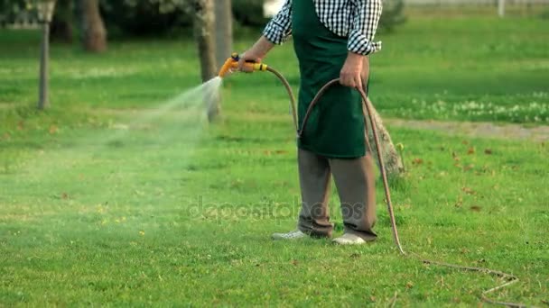 Senior hält Wasserschlauch in der Hand. — Stockvideo