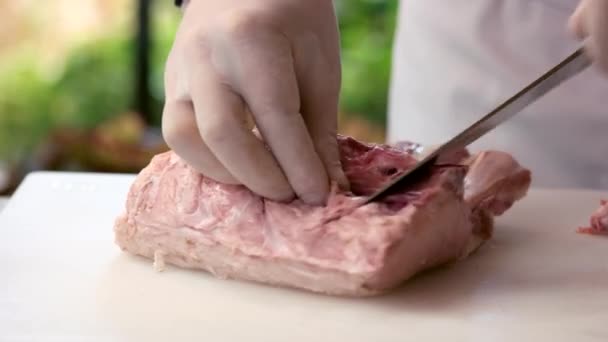 Hands and meat on board. — Stock Video
