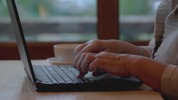 Oudere vrouwen handen en laptop. — Stockvideo