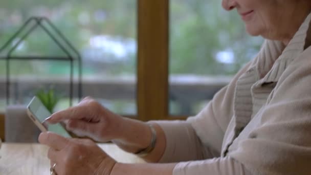 Mujer anciana feliz usando tableta . — Vídeos de Stock