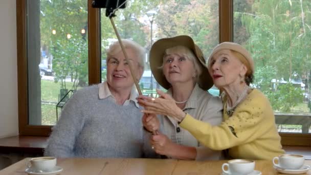 Senhoras no café tomando selfie . — Vídeo de Stock