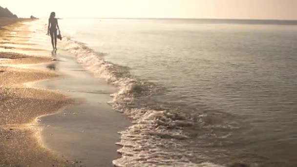 Vrouw lopen op seashore, golven. — Stockvideo