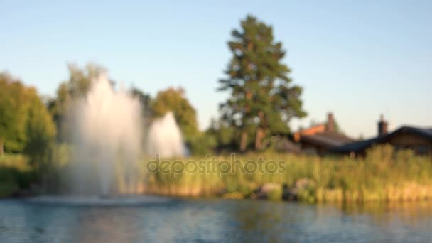 Blurred pond and houses. — Stock Video