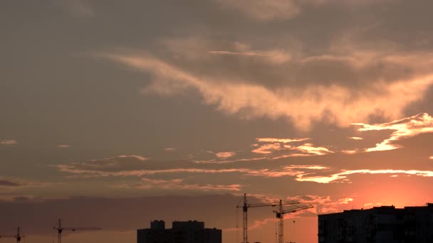 Kräne und Gebäude, Himmel bei Sonnenuntergang. — Stockvideo