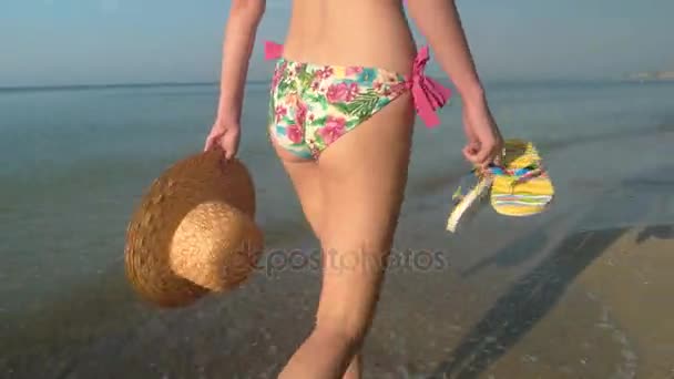 Dame im Bikini zu Fuß, am Meer. — Stockvideo