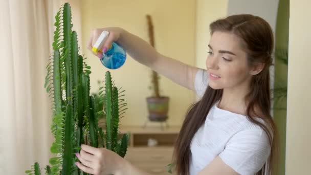 Mladá žena, postřik rostlin uvnitř. — Stock video