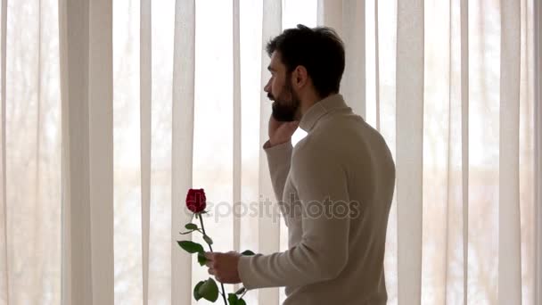 Hombre sosteniendo rosa y teléfono . — Vídeo de stock