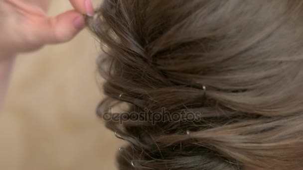 Braided female hairdo close up. — Stock Video