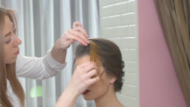 Mulher e cabeleireiro com pente . — Vídeo de Stock