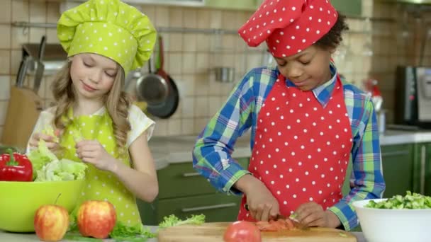 Junge und Mädchen kochen. — Stockvideo