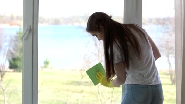 Young female wiping window. — Stock Video