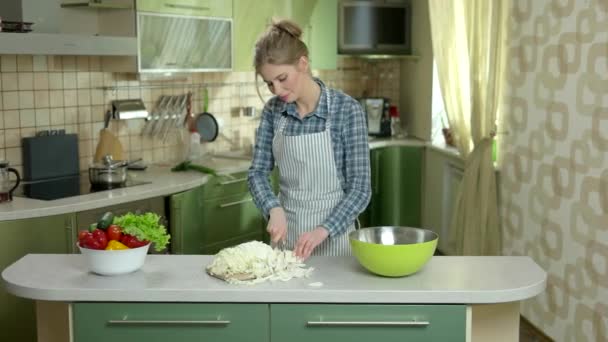 Woman cutting cabbage. — Stock Video
