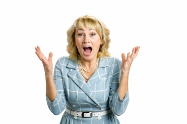 Olgun kadın, beyaz arka plan heyecanlı.