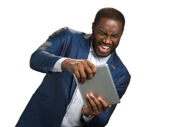 İfade işadamı bilgisayar tablet üzerinde oynamak.