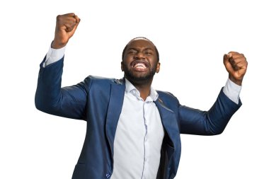 Genç girişimci emotinally ellerini kaldırdı.