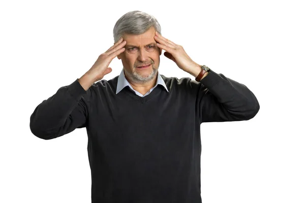 Mature man getting headache, white background. — Stock Photo, Image