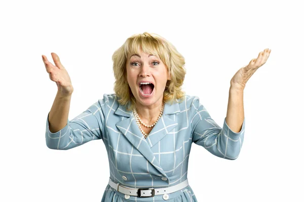 Excited mature woman, white background. — Stock Photo, Image