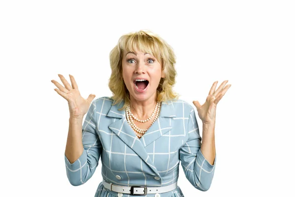 Mature woman excited on white. — Stock Photo, Image