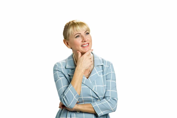 Mujer madura sonriendo sobre fondo blanco . — Foto de Stock