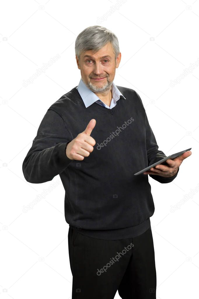 Mature man showing thumb up.