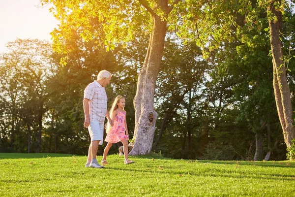 Menina com avô andando ao ar livre . — Fotografia de Stock