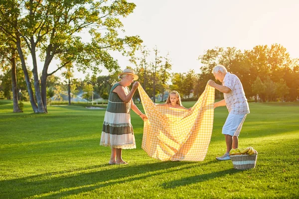 Büyükanne ve büyükbaba, yaz park çocuk. — Stok fotoğraf