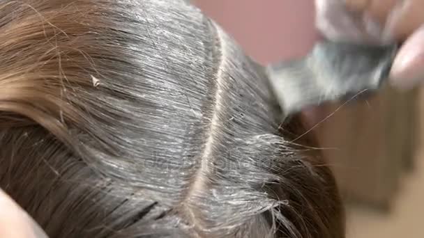Spazzola applicando la tintura sui capelli . — Video Stock