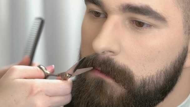 Hand with scissors trimming beard. — Stock Video