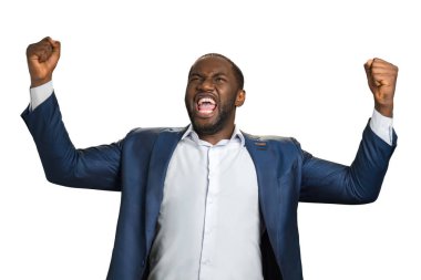 Duygusal olarak Evet bağırarak yakışıklı işadamı.