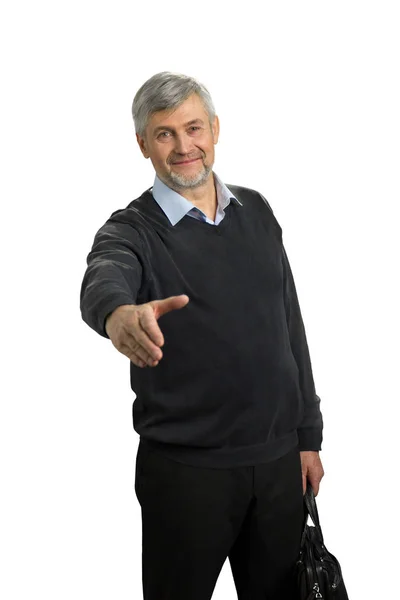 Attractive mature man with greeting gesture. — Stock Photo, Image