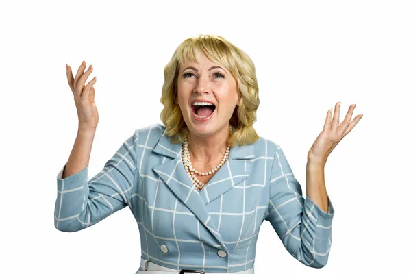Excited mature woman raised hands. — Stock Photo, Image